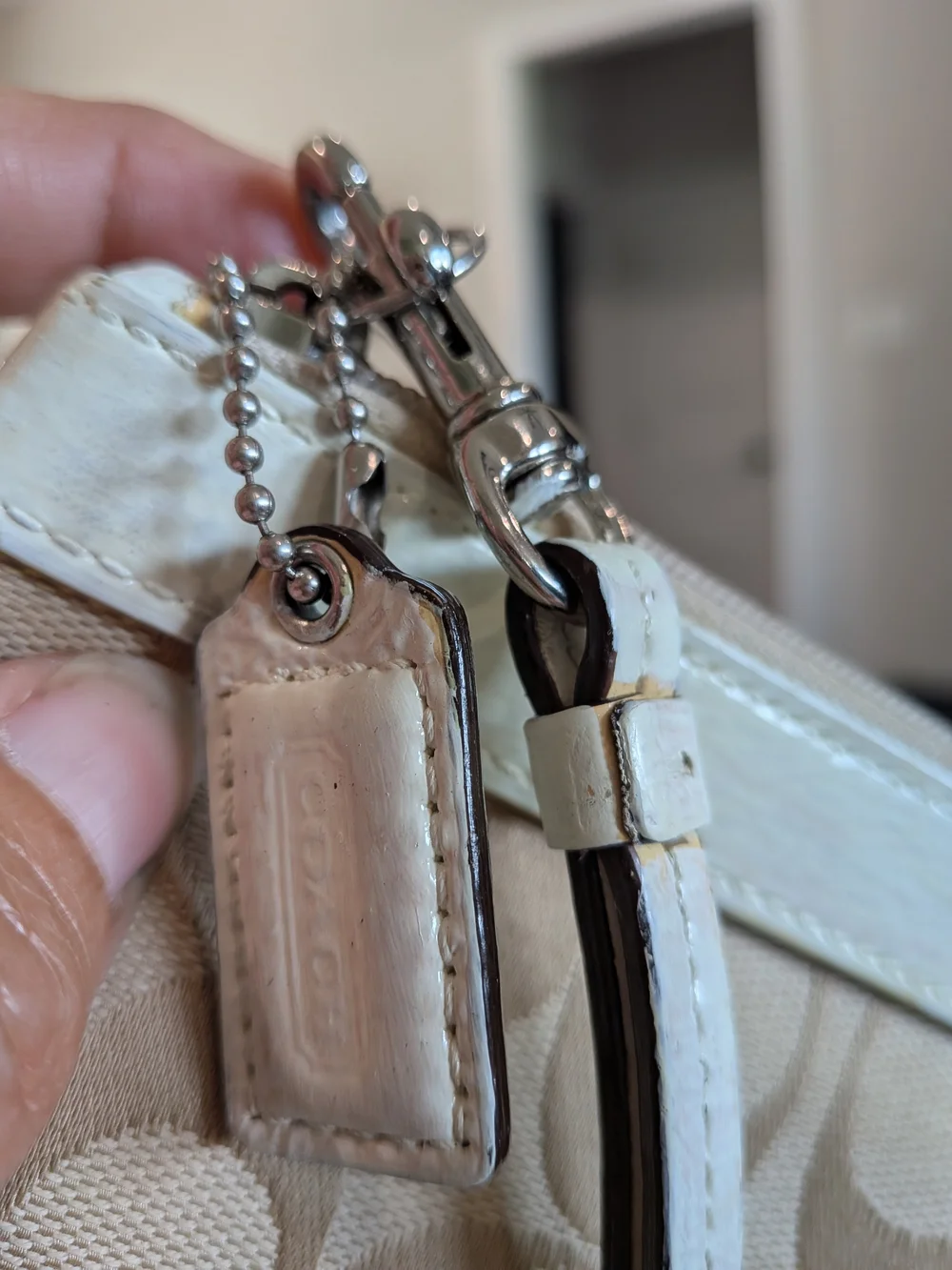 Coach Beige Signature Canvas Wristlet with White Leather Trim